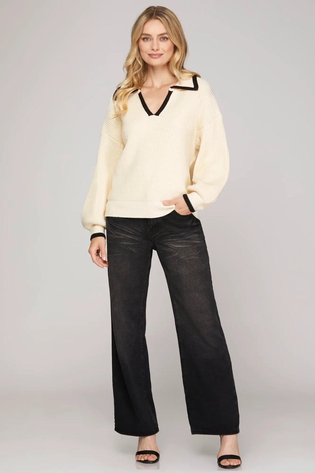 CONTRAST TRIM SWEATER TOP-CREAM
