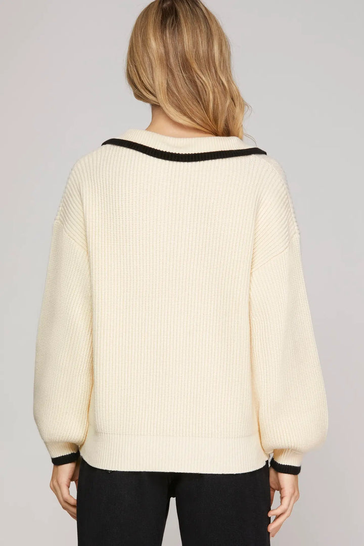 CONTRAST TRIM SWEATER TOP-CREAM