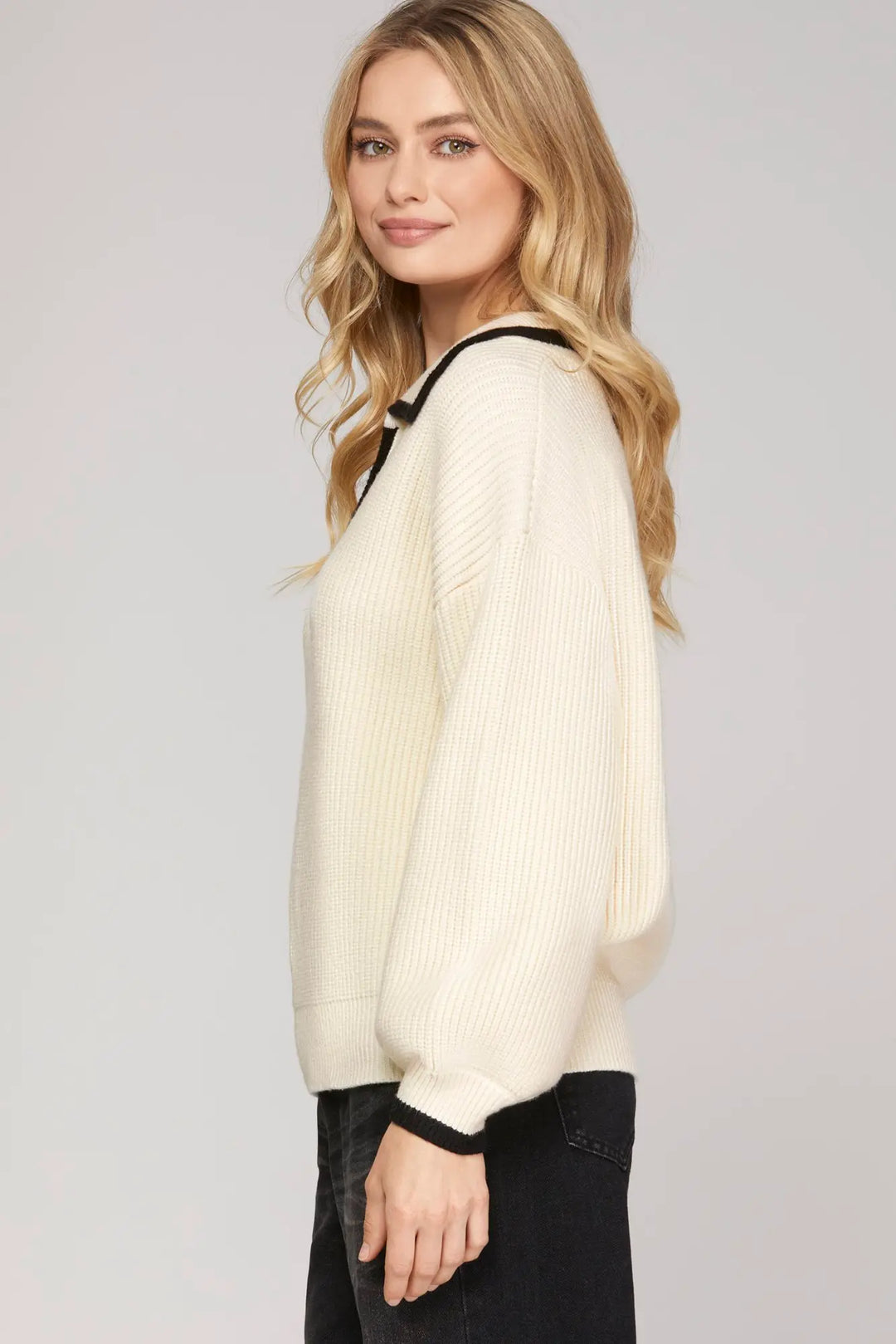 CONTRAST TRIM SWEATER TOP-CREAM