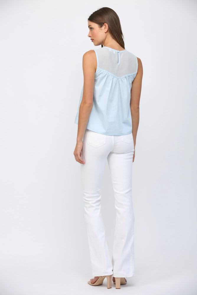 CONTRAST YOKE DETAIL LACE TOP-BABY BLUE