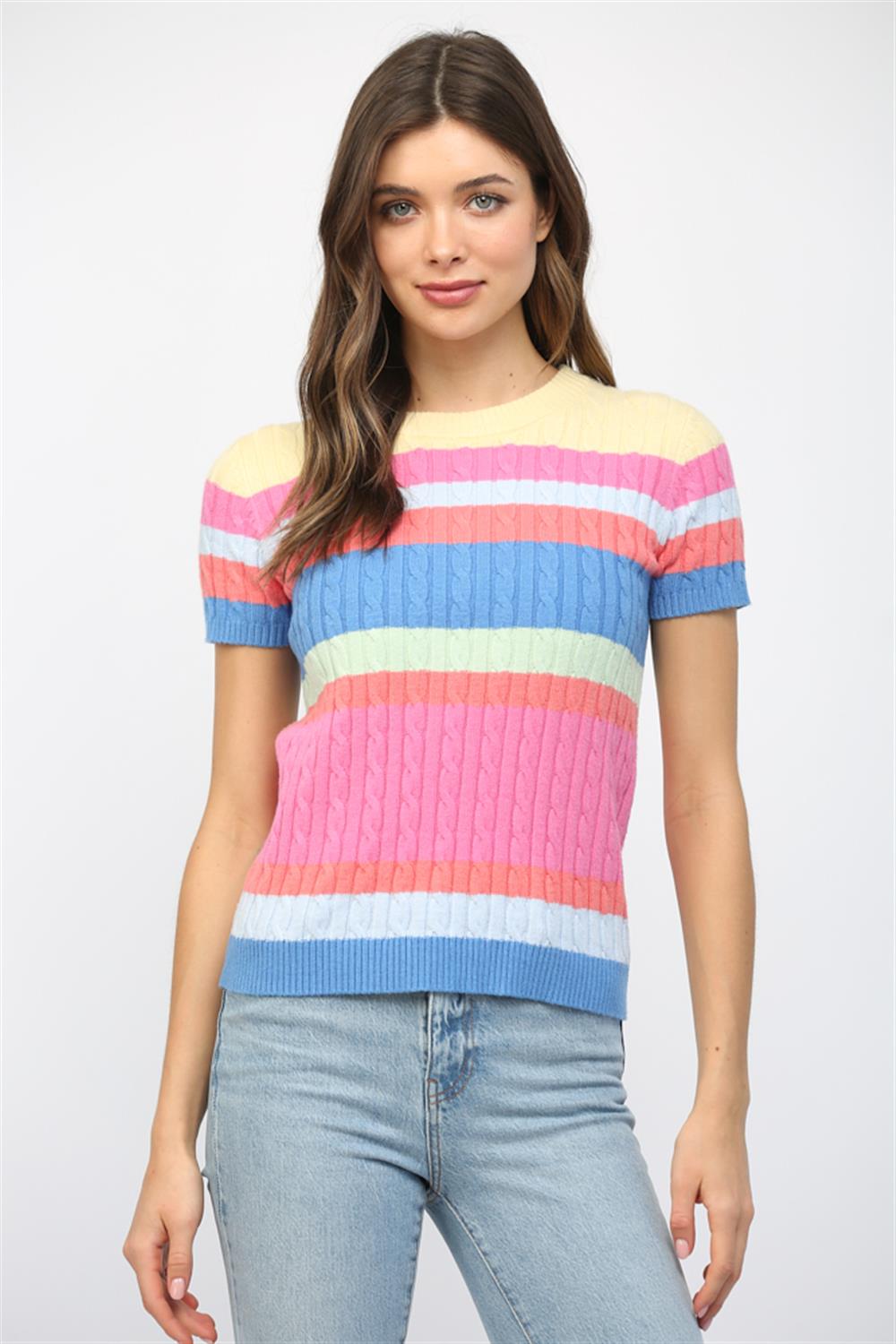 STRIPED SHORT SLEEVE KNIT SWEATER-YELLOW/MULTI