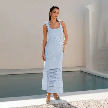 FLORAL APPLIQUÉ KNIT MAXI DRESS- SKY BLUE
