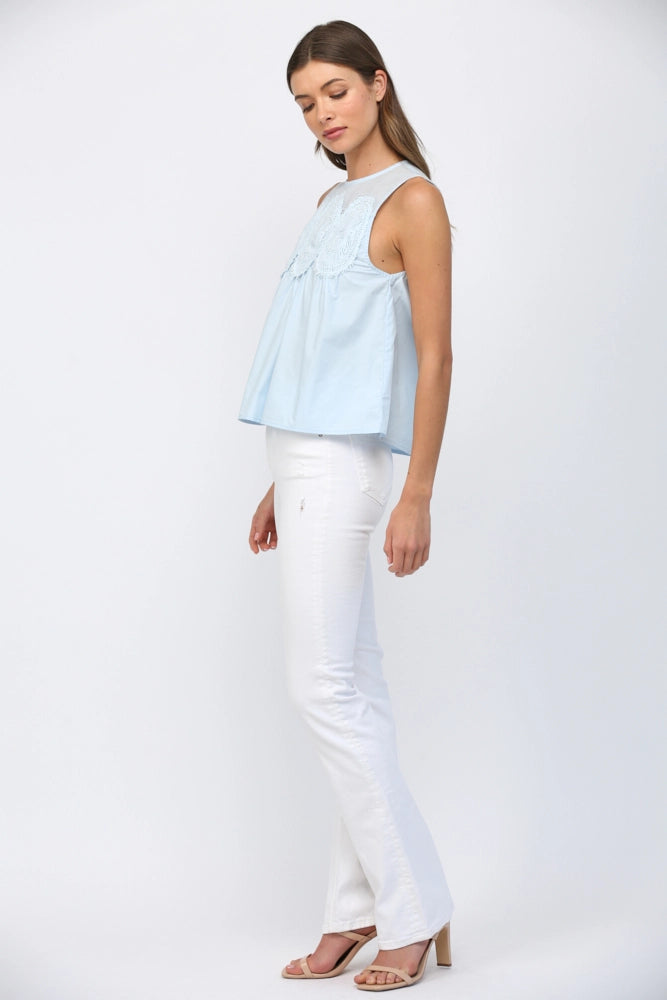 CONTRAST YOKE DETAIL LACE TOP-BABY BLUE