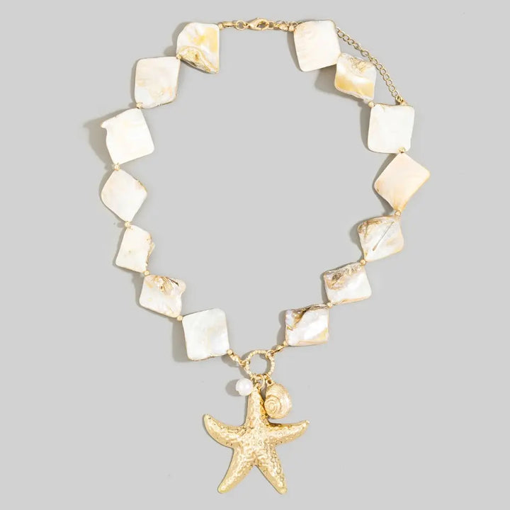 STARFISH AND PEARL DROP NECKLACE-GOLD