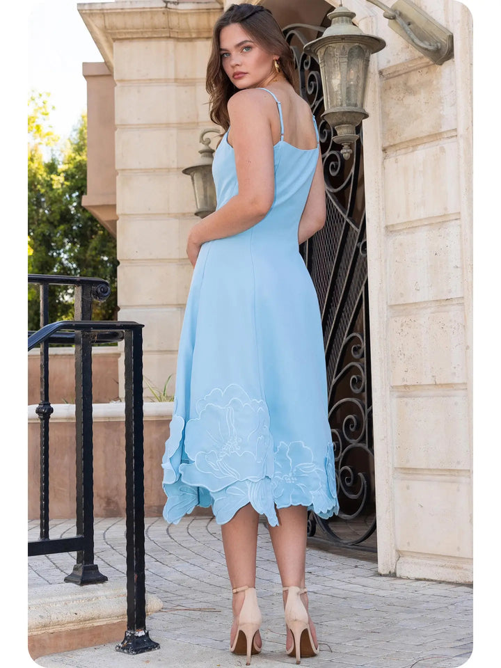 3D FLORAL APPLIQUÉ MIDI DRESS-CHAMBRAY