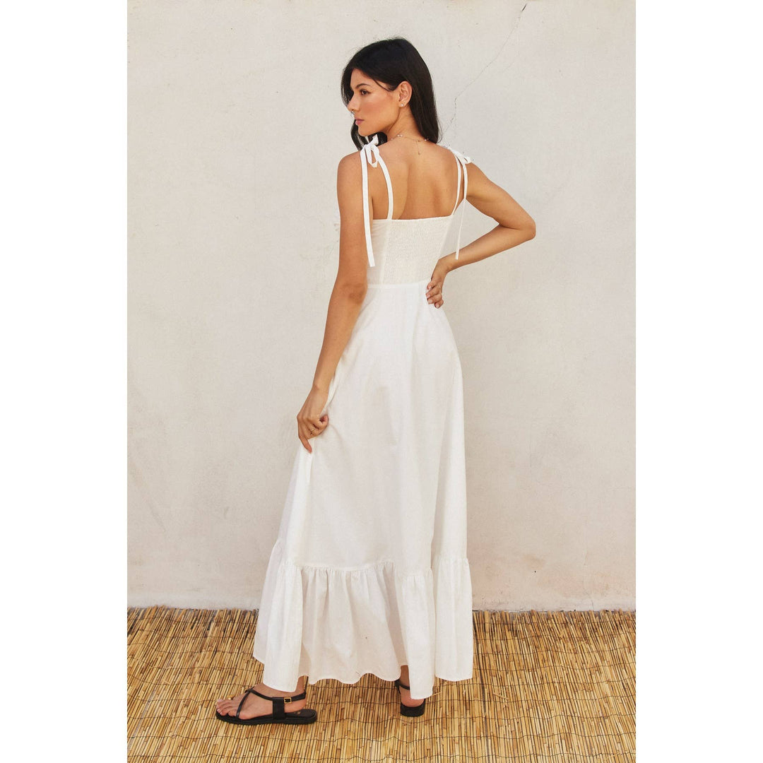 COTTON POPLIN RUCHED MAXI DRESS-WHITE