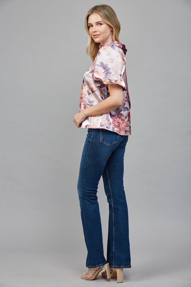 FLORAL MOCK NECK BLOUSE-MAUVE/MULTI