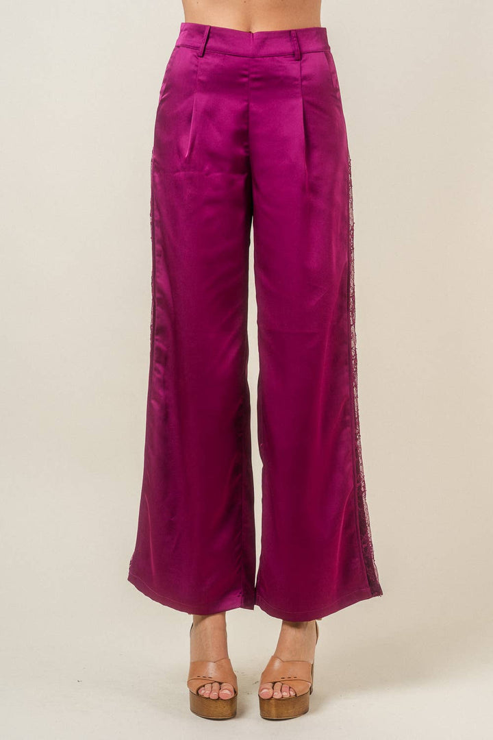 SATIN DRESSY PLEATED LACE CONTRAST TROUSERS-Plum