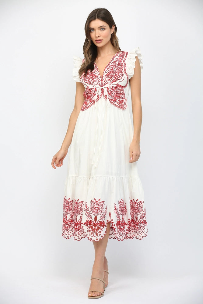 CUT OUT EMBROIDERED DETAIL MAXI DRESS- OFF WHITE