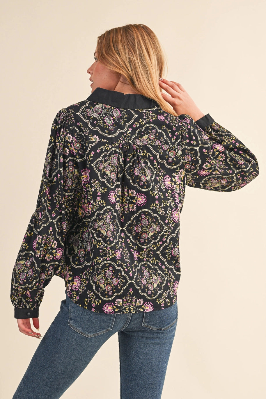 FLORAL BUTTON DOWN TOP-BLACK/MULTI