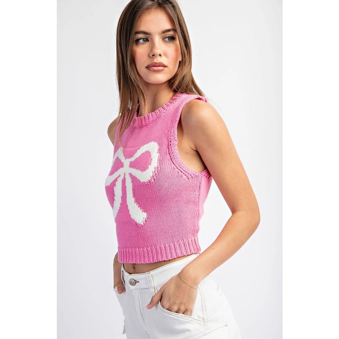 SLEEVELESS BOW KNIT TOP- BUBBLE PINK