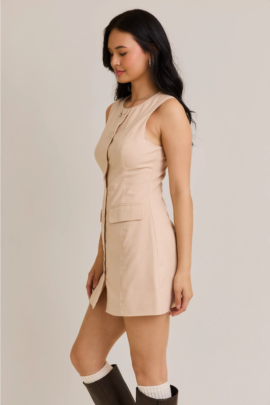 SLEEVELESS BLAZER DRESS-TAUPE