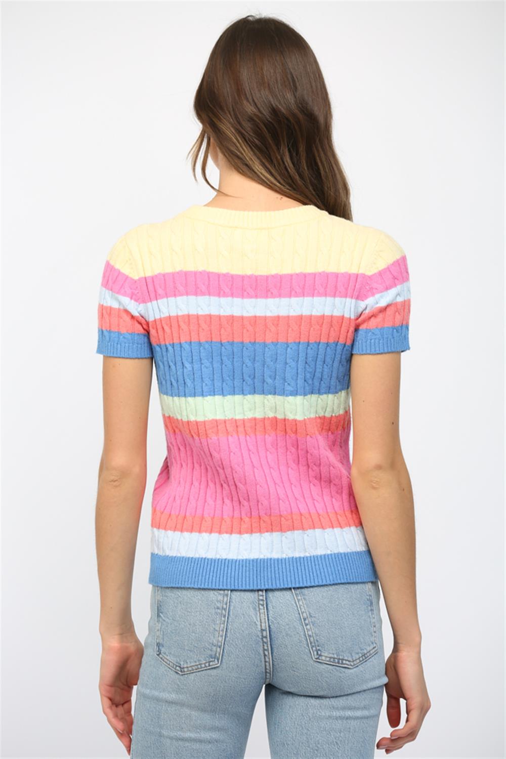 STRIPED SHORT SLEEVE KNIT SWEATER-YELLOW/MULTI