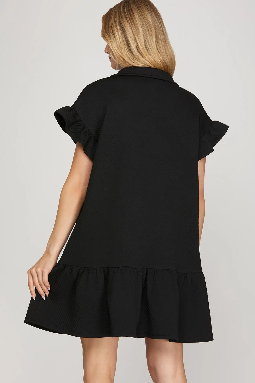 RUFFLE SLEEVE 1/2 ZIP DRESS-BLACK