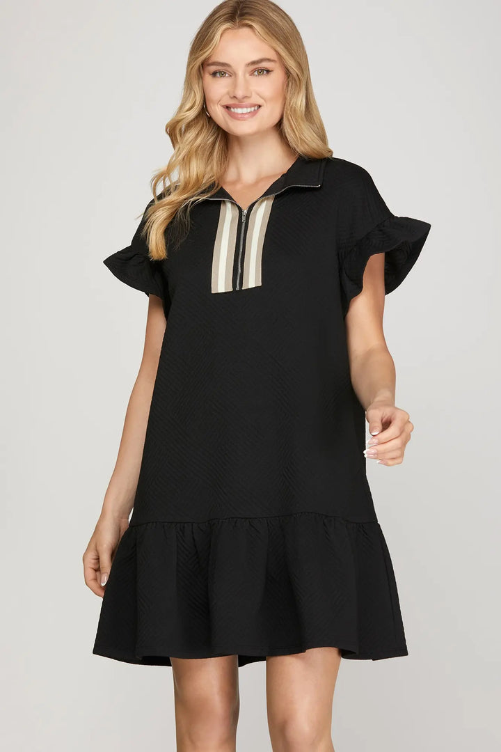 RUFFLE SLEEVE 1/2 ZIP DRESS-BLACK