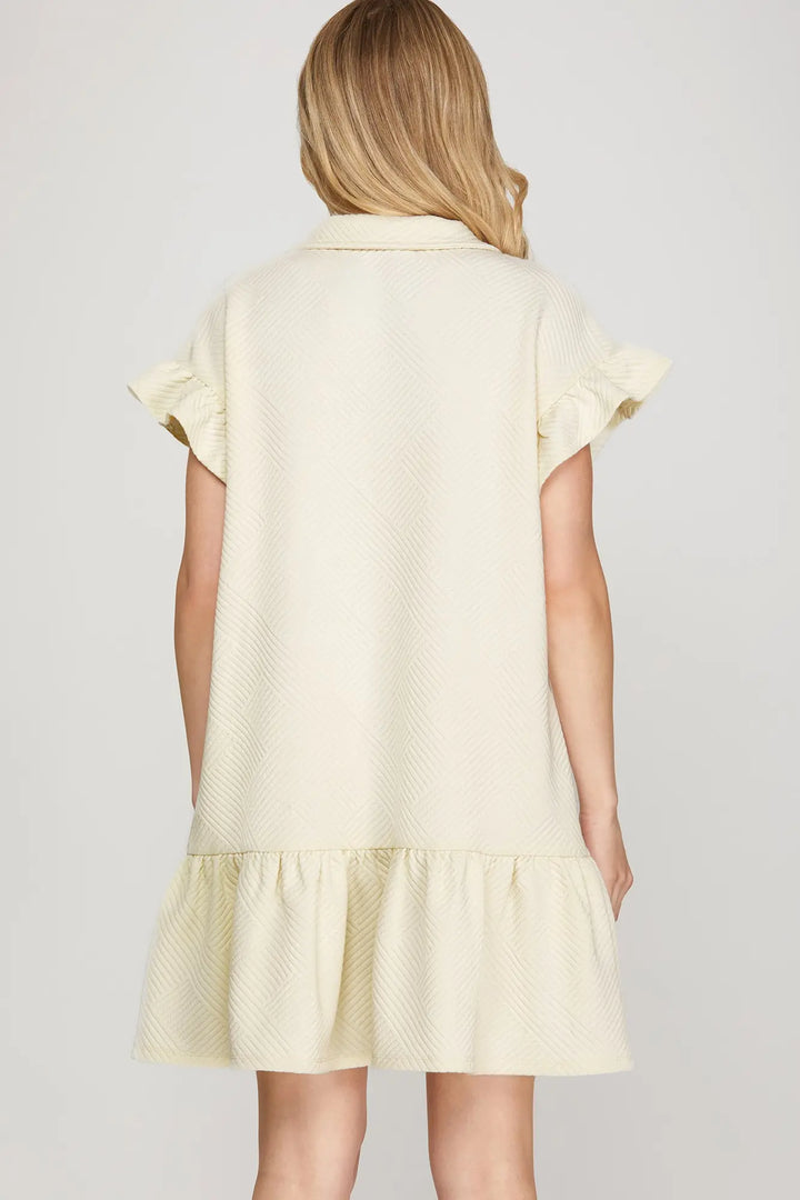 RUFFLE SLEEVE 1/2 ZIP DRESS-CREAM
