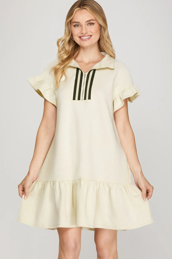 RUFFLE SLEEVE 1/2 ZIP DRESS-CREAM