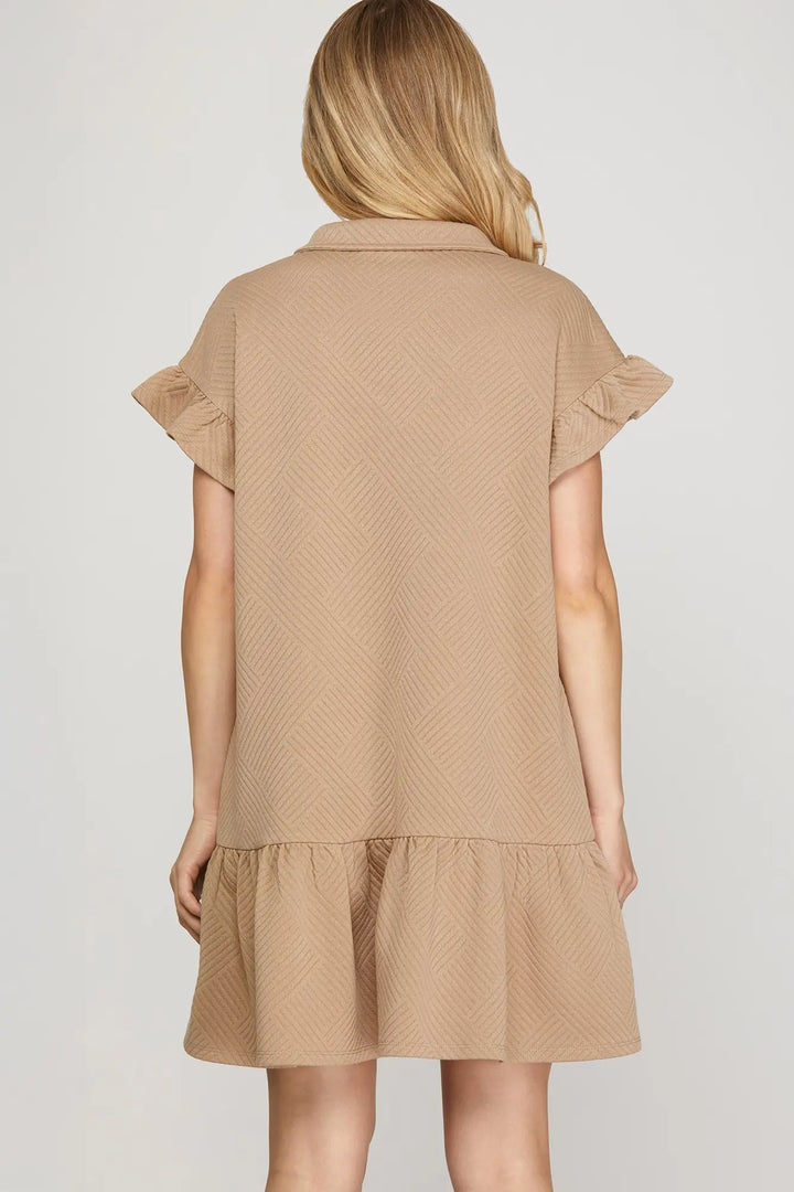 RUFFLE SLEEVE 1/2 ZIP DRESS-TAUPE