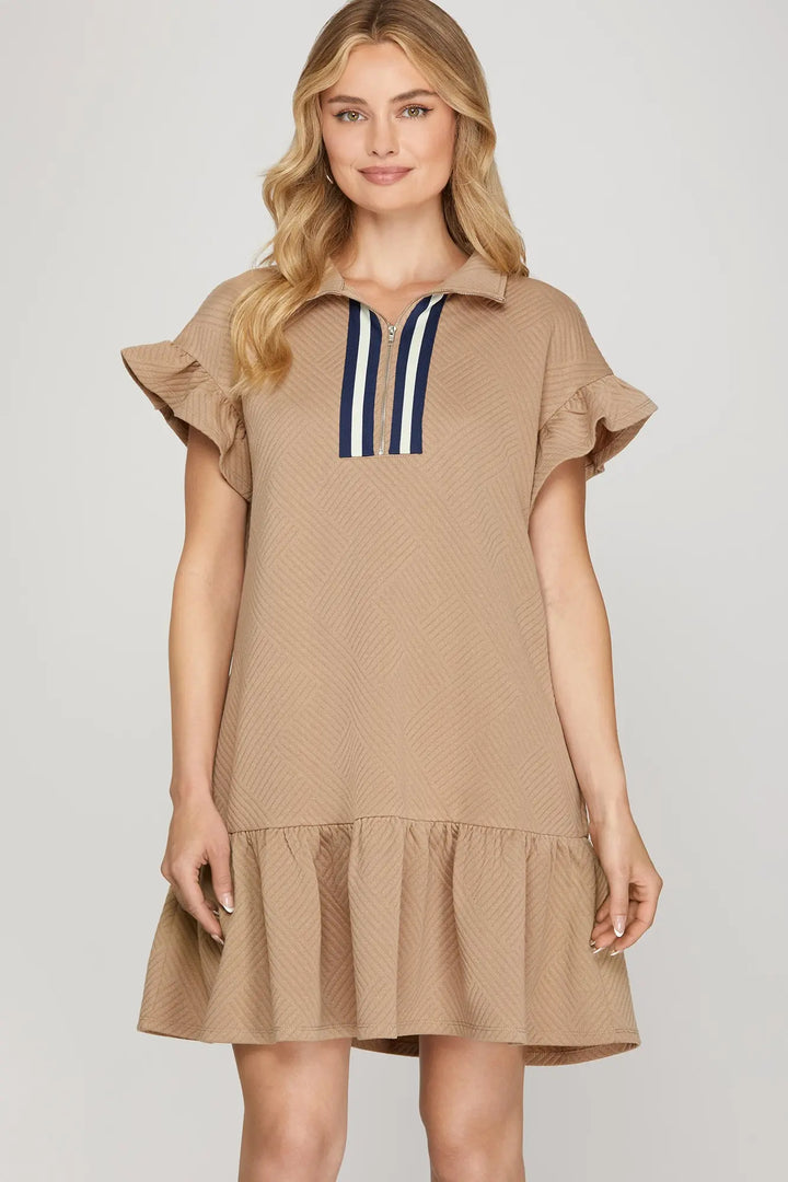 RUFFLE SLEEVE 1/2 ZIP DRESS-TAUPE