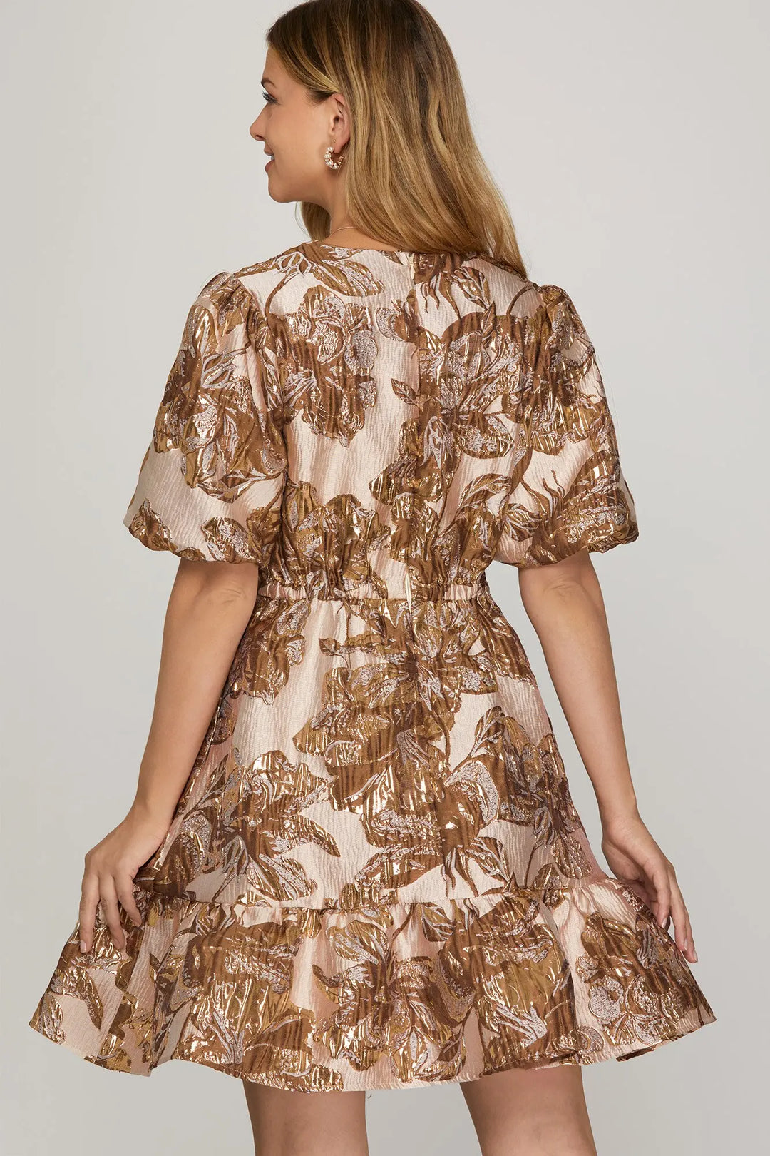 METALLIC JACQUARD MINI DRESS-MOCHA/GOLD