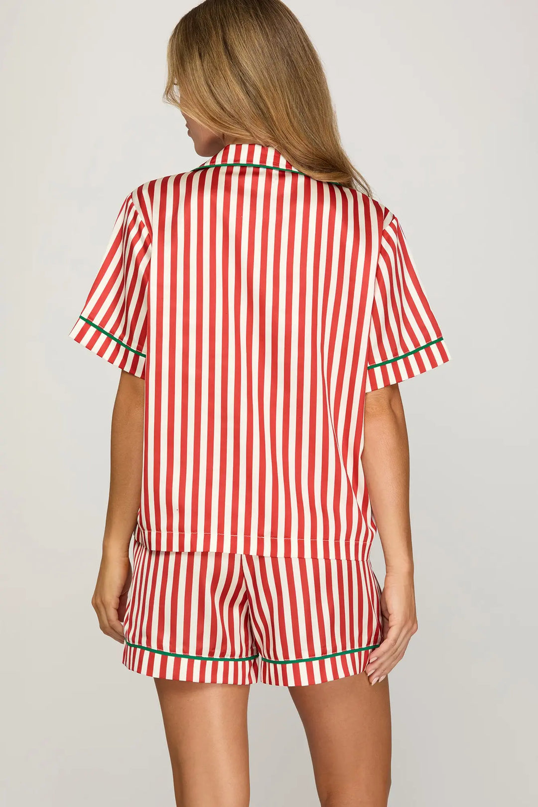 STRIPED SATIN SHORT SLEEVE PJ TOP-RED