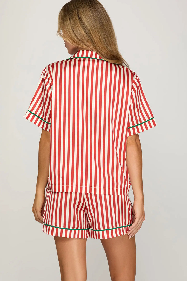 STRIPED SATIN SHORT SLEEVE PJ TOP-RED