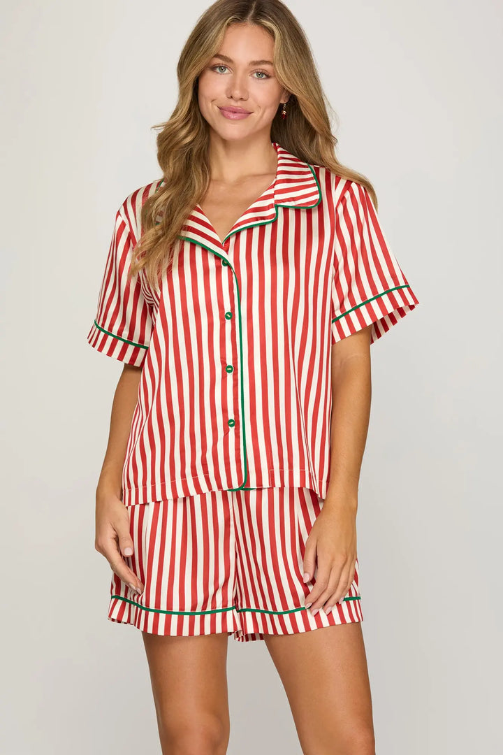 STRIPED SATIN SHORT SLEEVE PJ TOP-RED