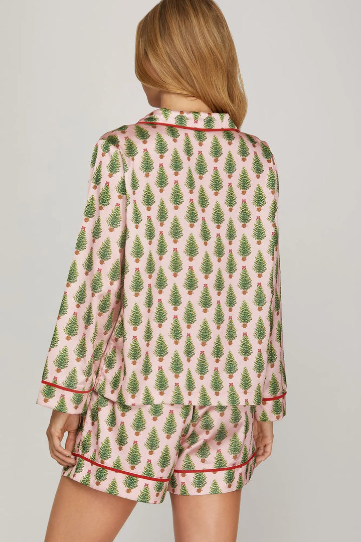 CHRISTMAS TREE SATIN PJ TOP-ROSE