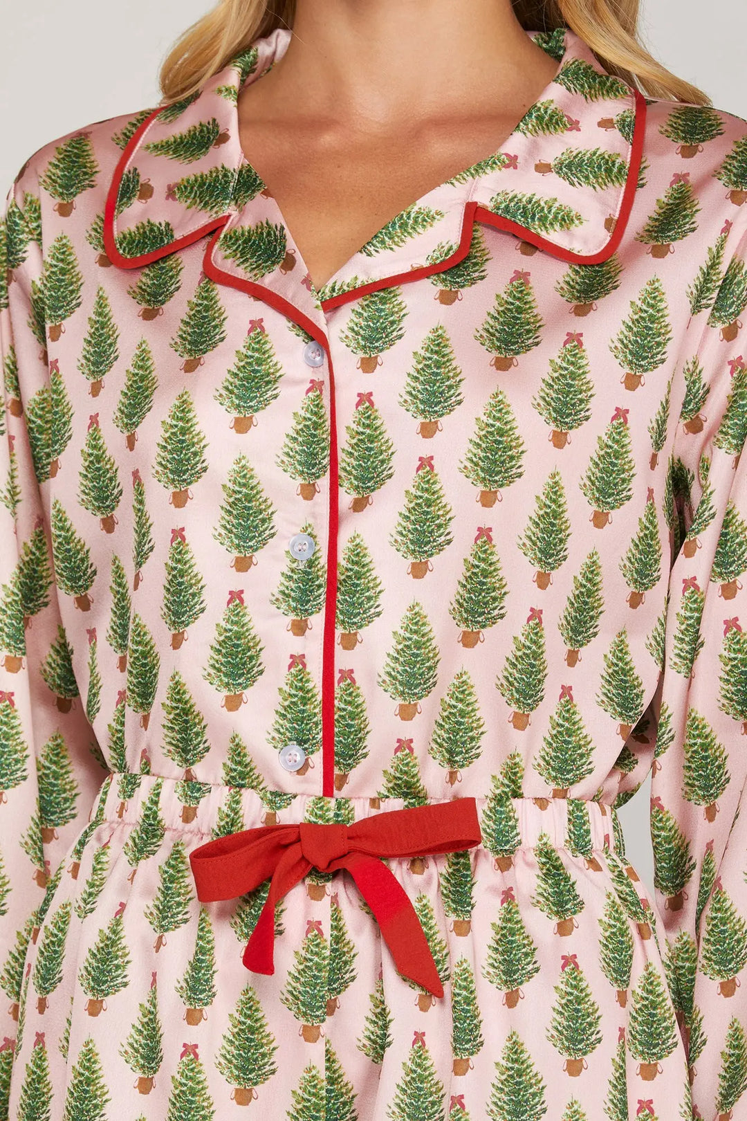 CHRISTMAS TREE SATIN PJ TOP-ROSE