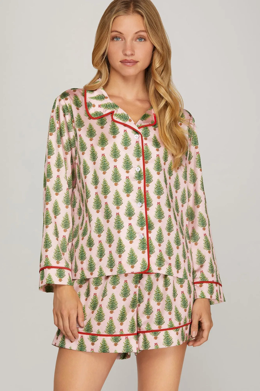 CHRISTMAS TREE SATIN PJ TOP-ROSE