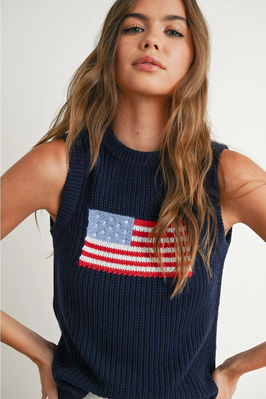 FLAG PRINT KNITTED TANK TOP-NAVY