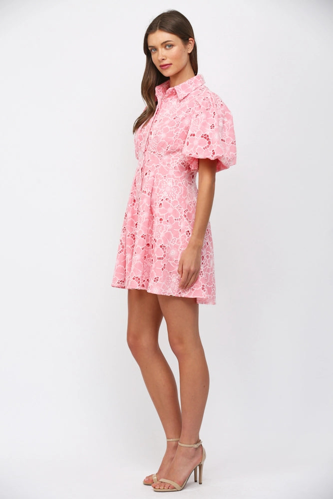 CUT OUT FLORAL LACE BUTTON DOWN MINI DRESS-PINK