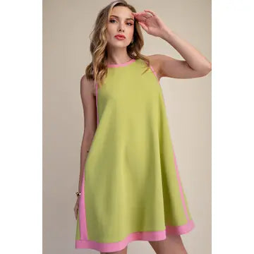 A LINE CONTRAST COLOR MINI DRESS-LIME