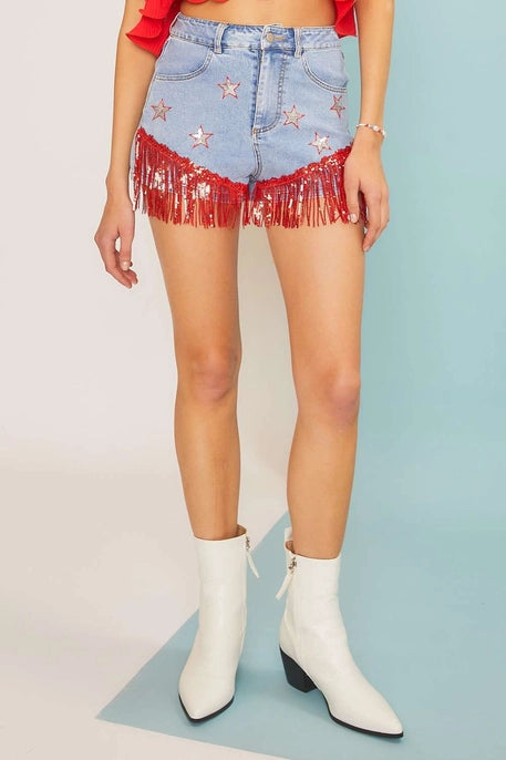 STAR FRINGE DENIM SHORT-DENIM RED