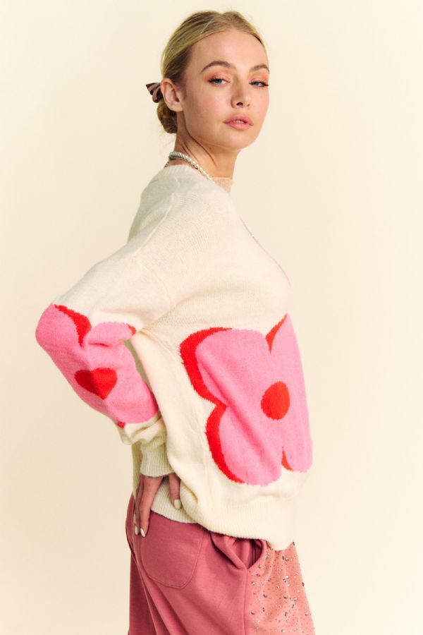 FLORAL ROUND NECK SWEATER-CREAM/PINK