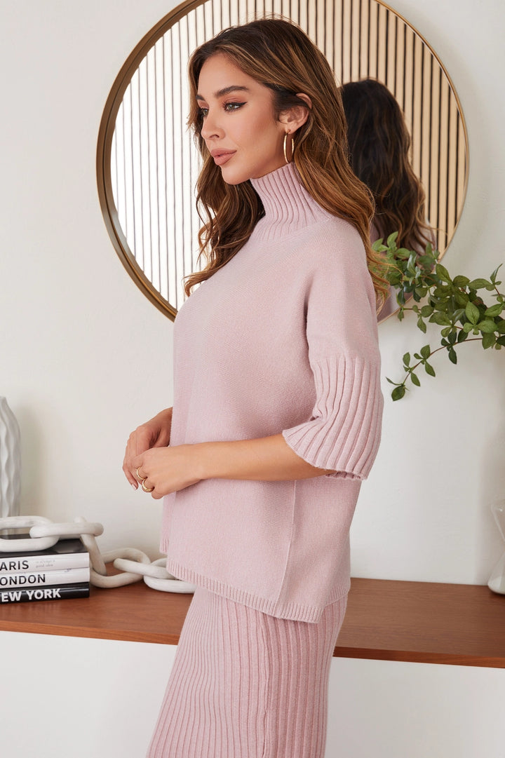 RIB CONTRAST TURTLENECK SS KNIT TOP-BLUSH