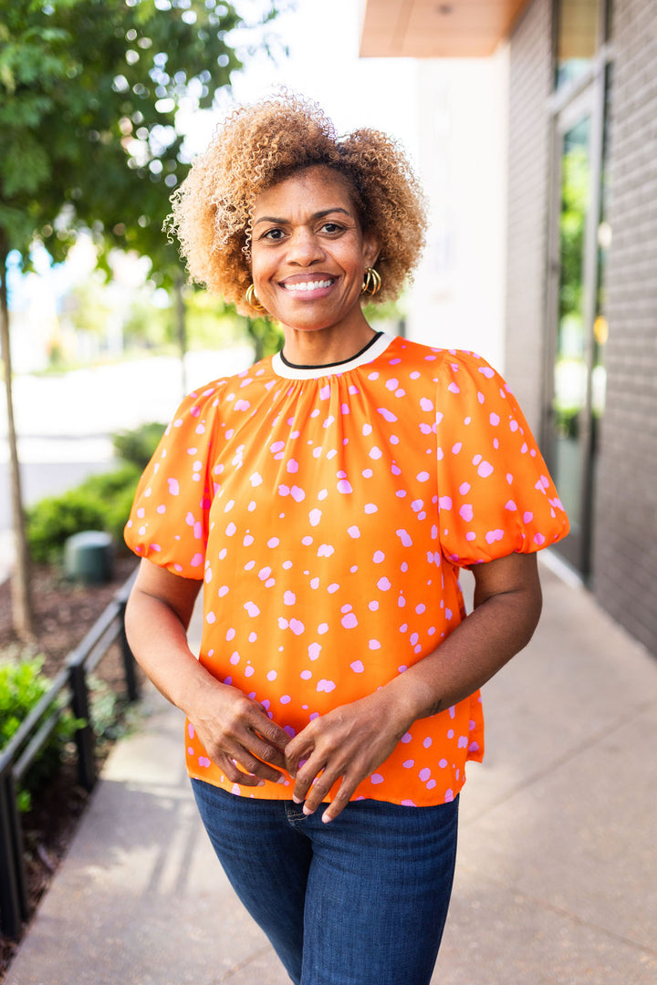 PUFF SLEEVE DOTTED TOP-ORANGE