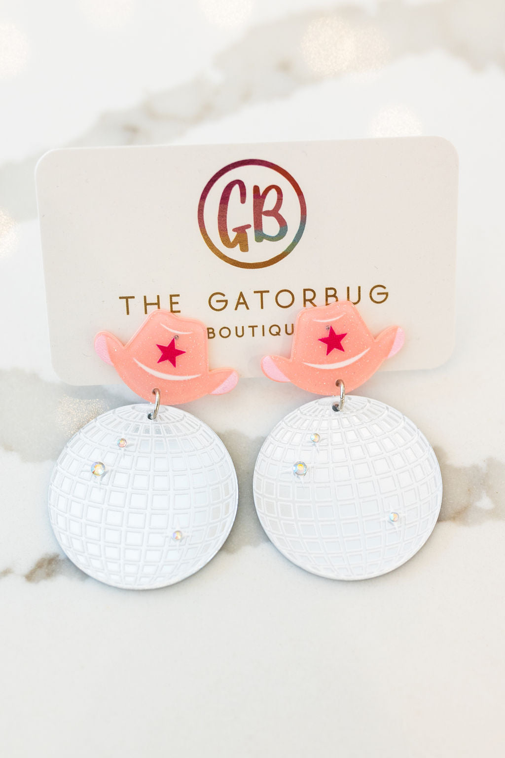 COWBOY HAT AND GLOBE MIRROR EARRINGS-PINK