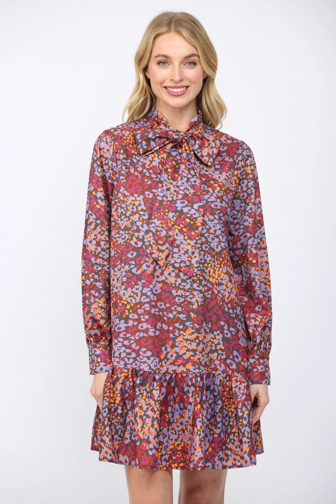 ABSTRACT ANIMAL PRINT RUFFLED HEM DRESS-BROWN/MULTI