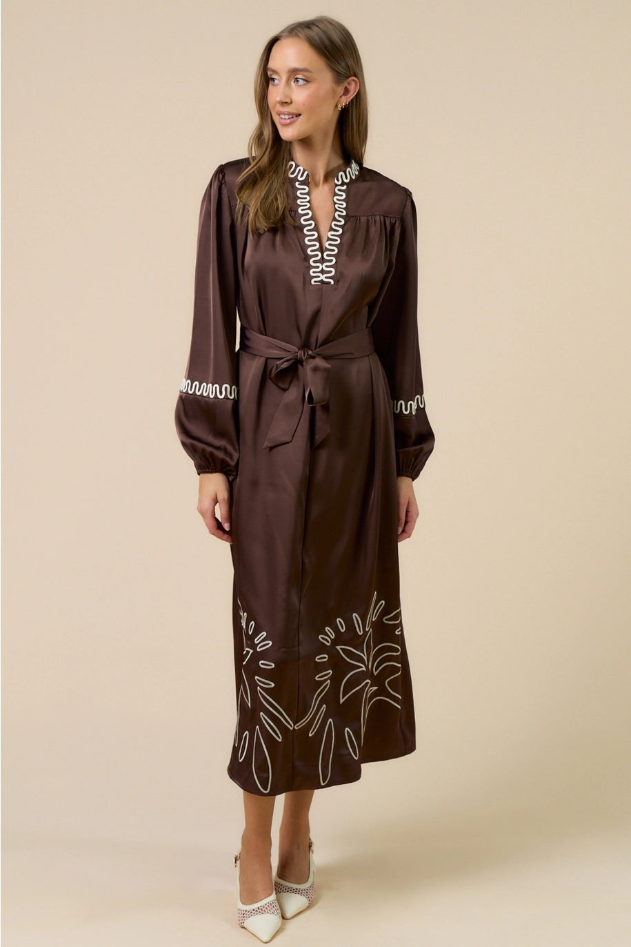BOHO LONG SLEEVE EMBROIDERED MAXI DRESS-DARK BROWN