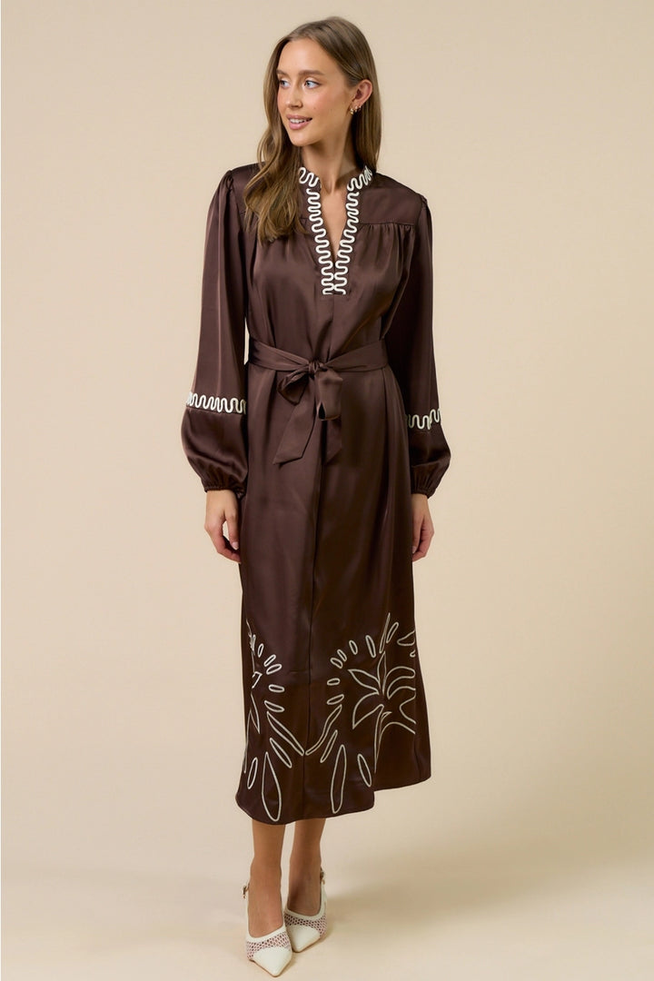BOHO LONG SLEEVE EMBROIDERED MAXI DRESS-DARK BROWN