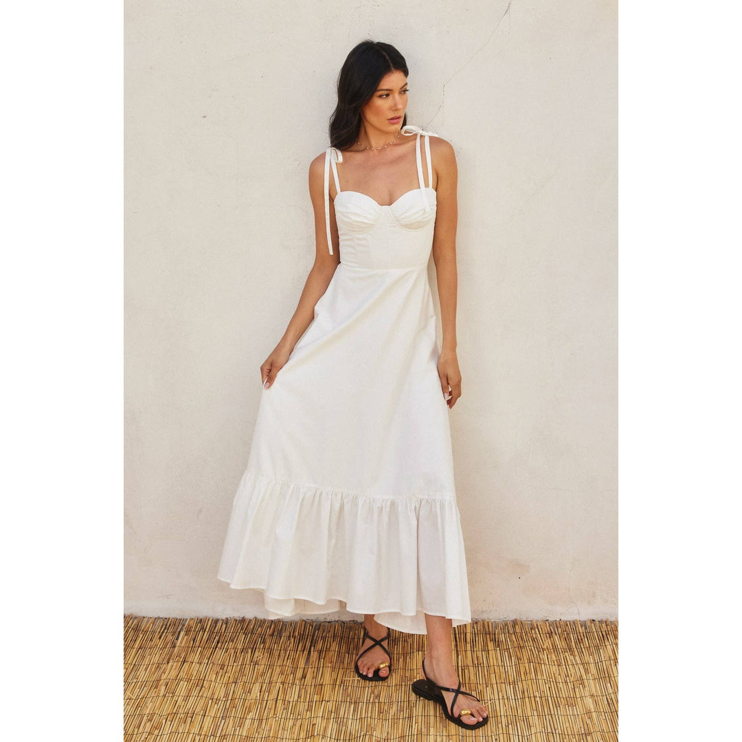 COTTON POPLIN RUCHED MAXI DRESS-WHITE