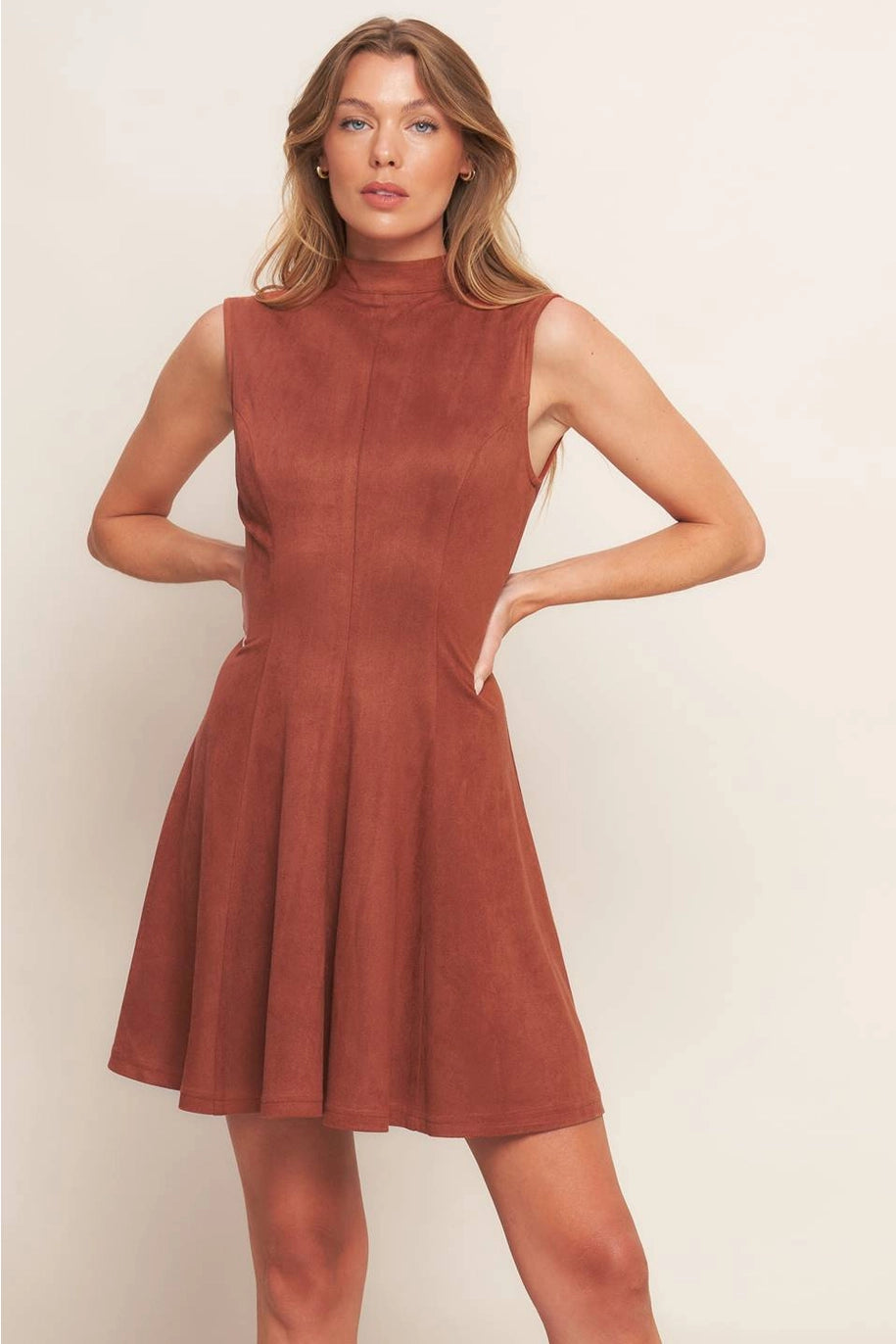 FAUX SUEDE MINI DRESS-RUST