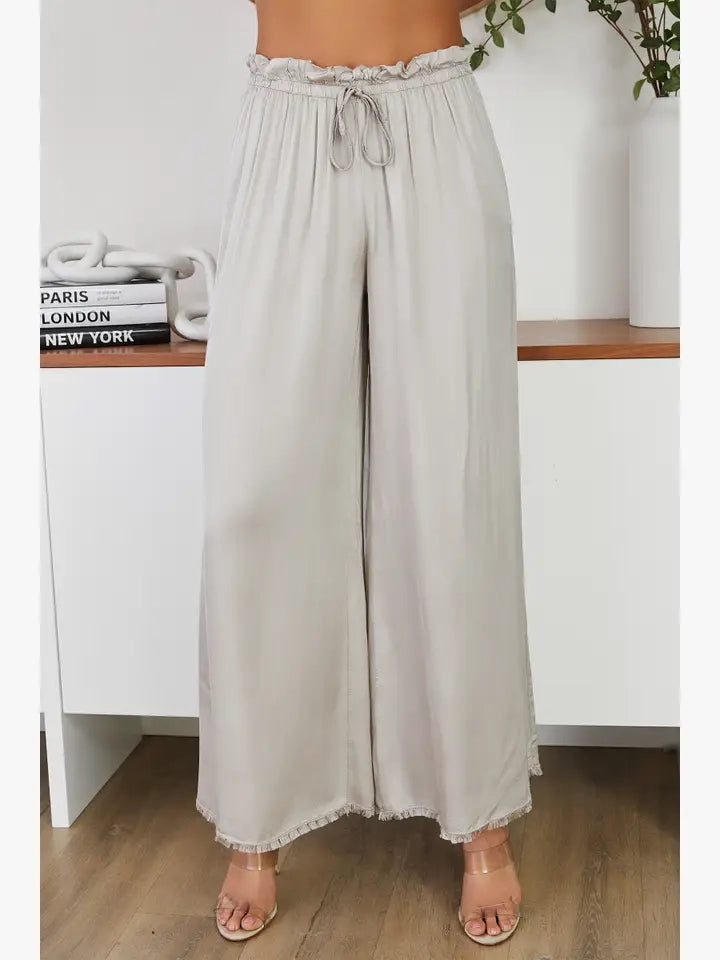 VISCOSE DRAWSTRING WAIST DISTRESSED HEM PALAZZO PANT-BEIGE