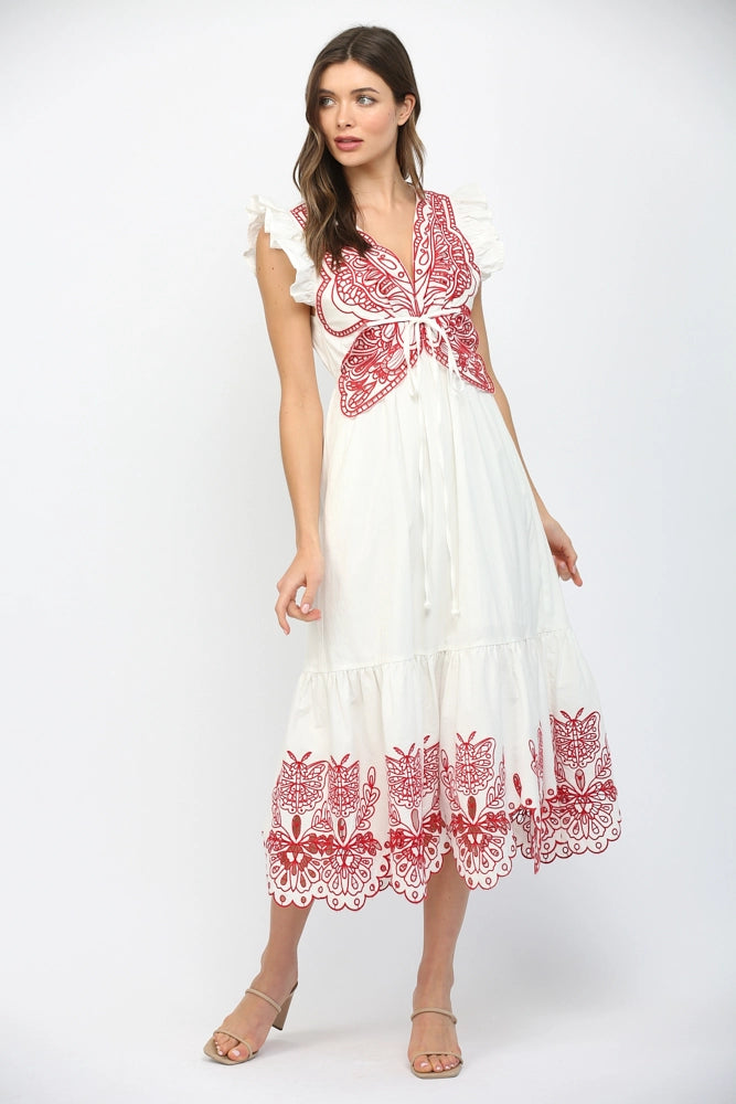 CUT OUT EMBROIDERED DETAIL MAXI DRESS- OFF WHITE