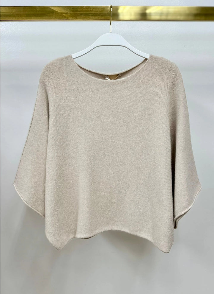 CREW NECK BATWING SLEEVE KNIT TOP-CLASSIC BEIGE