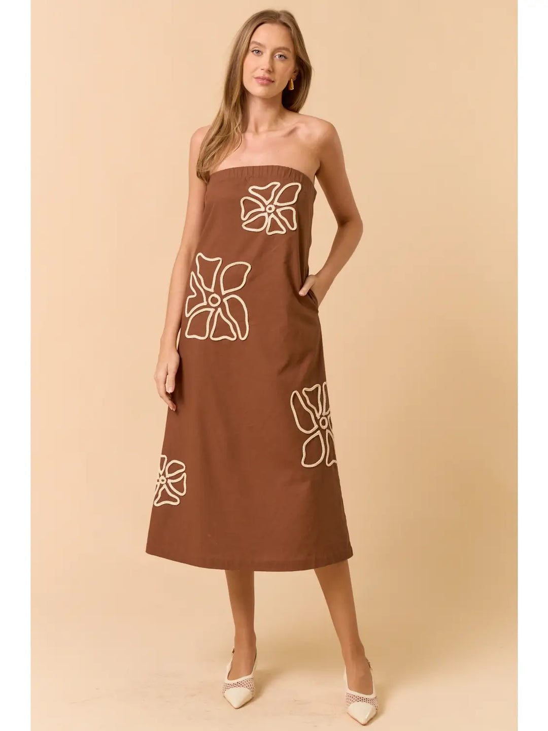 EMBROIDERED TUBE MAXI DRESS-BROWN