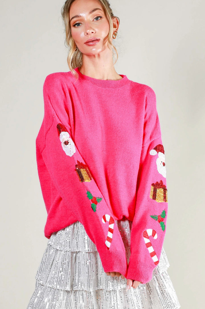 CREW NECK SEQUIN HOLIDAY SWEATER-PINK