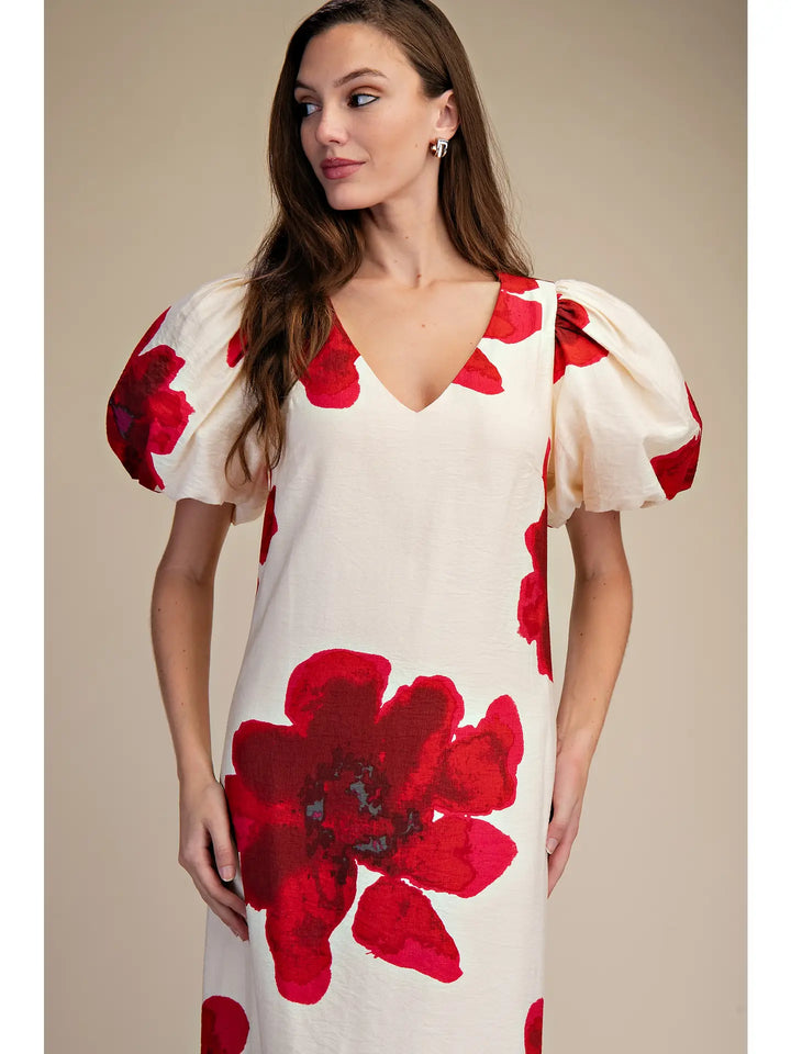 PUFF SLEEVE FLORAL MAXI DRESS-RED