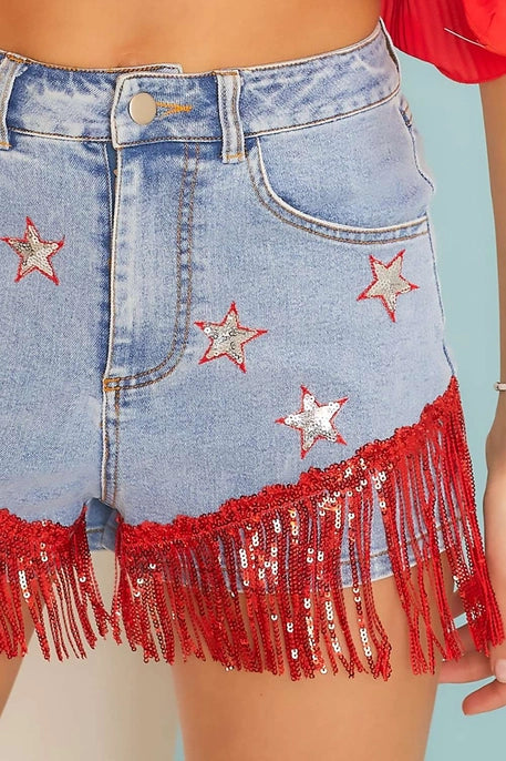 STAR FRINGE DENIM SHORT-DENIM RED